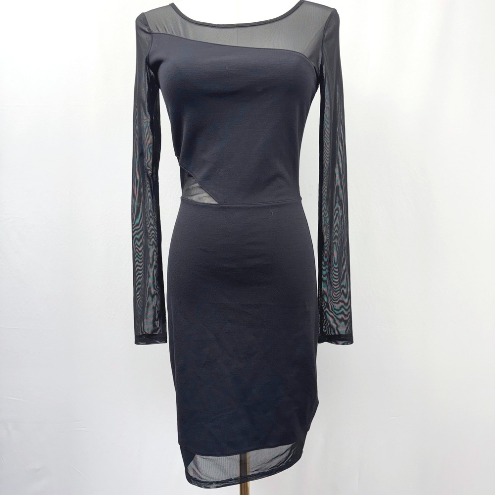 GUESS Black Mesh Panel Long Sleeve Bodycon Mini Dress W3FK65K0MF0 Small